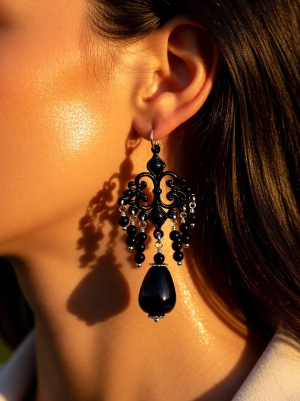 Devastatingly Sexy! Ornate & Opulent Black Onyx Chandelier Earrings - Edgy Goth! - Picture 2 of 10